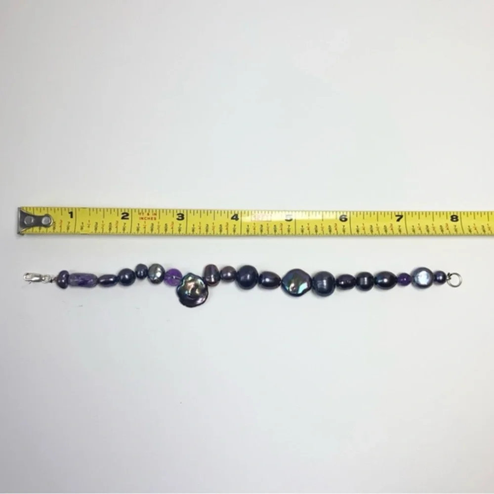 Genuine Freshwater Peacock Baroque Pearls & Amethyst Beads 925 Silver‎ Bracelet
